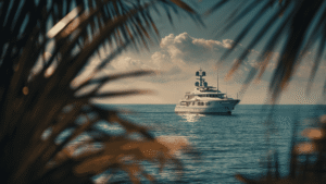 Luxury yacht on open water representing the marine risks and liabilities covered by yacht charter insurance.